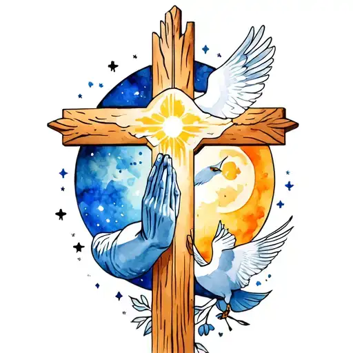 Wooden cross with praying hands and dove with the moon tattoo design idea