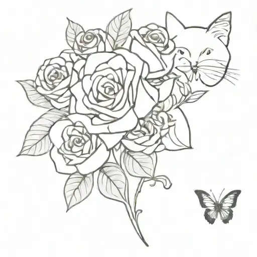 Cat with Roses and Butterfly tattoo design idea