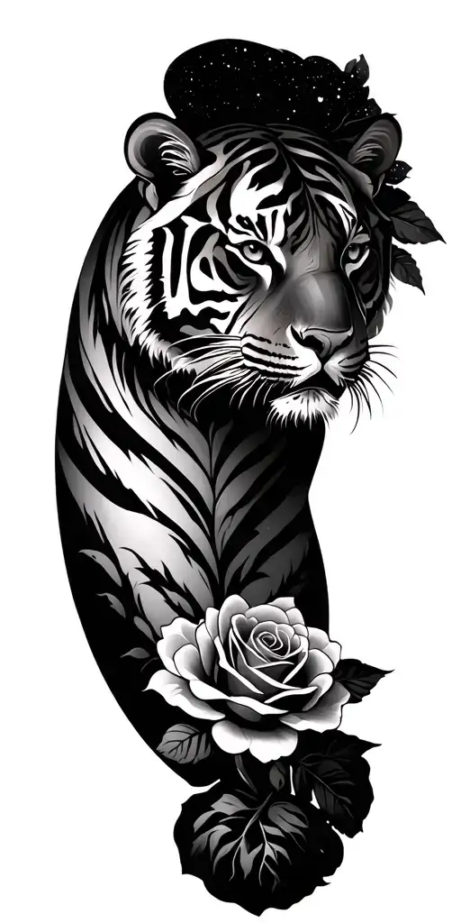 tiger, roses growing, galaxy, sleeve tattoo design idea