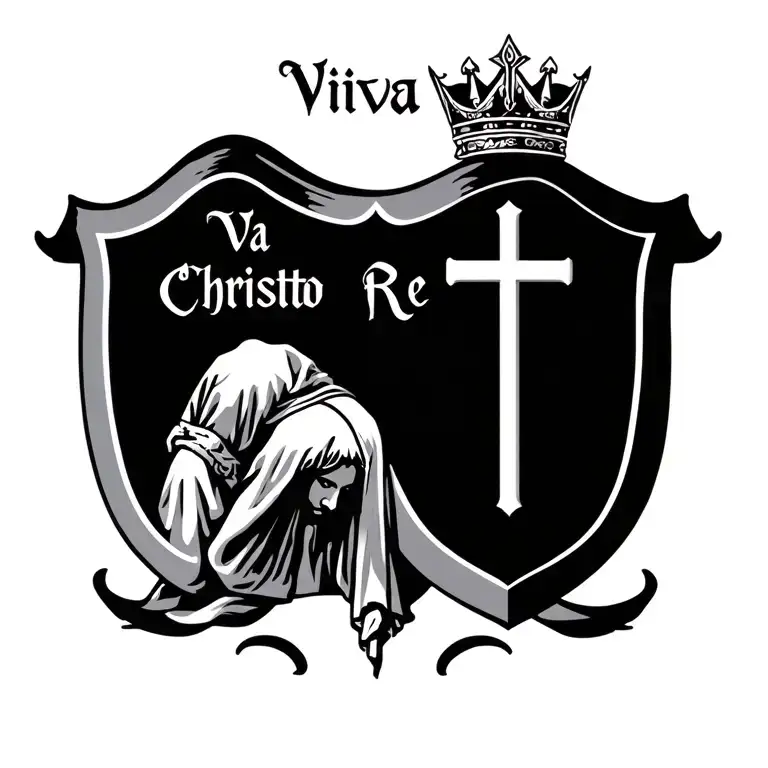 "Viva Christo Re " a small shield with a cross on it and a crown over it at the top middle of the chest with christ's head bowed under it tattoo design idea