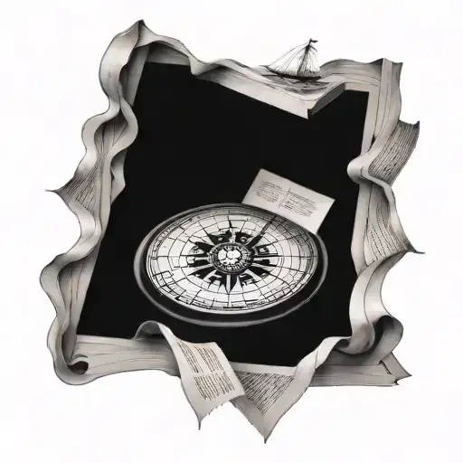 A blackwork tattoo of a compass rose made out of open books, with water waves in the background tattoo design idea