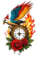 rose, clock, fire, phoenix rising from ashes, ptsd, compass,  tattoo design idea