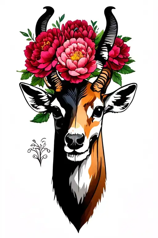Gazelle with half his face a skull surrounded by peony flowers tattoo design idea