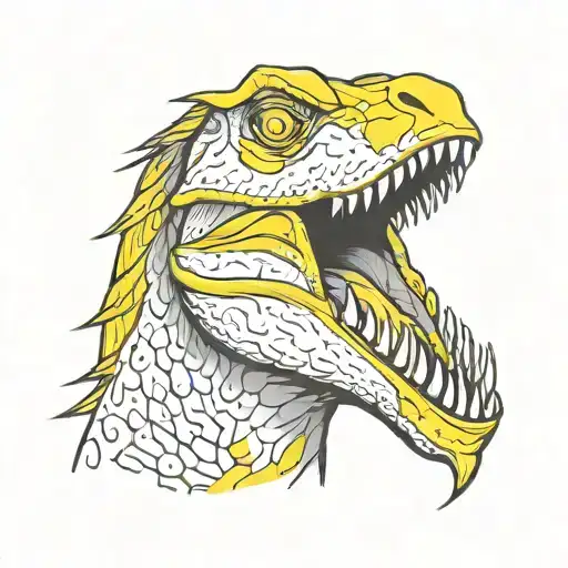 the head of a Tyrannosaurus Rex boasting vibrant yellow feathers inspired by the Seasame Street character Big Bird tattoo design idea