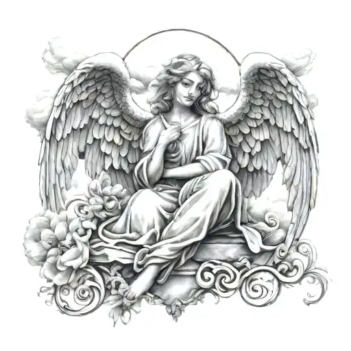 guardian Angel sitting, clouds , filigree tattoo design idea