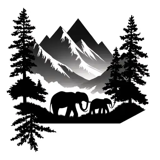 geometric tattoo. The tattoo is to be landscape shape. mountains. trees. family of 4 Elephants  tattoo design idea