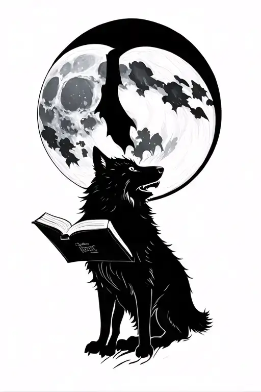 A silhouette of a wolf howling at the moon with a book in its mouth tattoo design idea