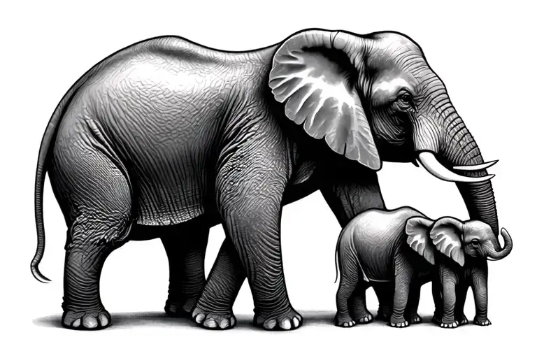 momma elephant with 3 different age babies tattoo design idea
