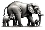 momma elephant with 3 different age babies tattoo design idea