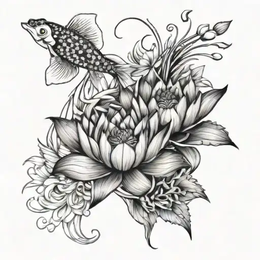 lotus flower, koi fish and spider lilies tattoo design idea