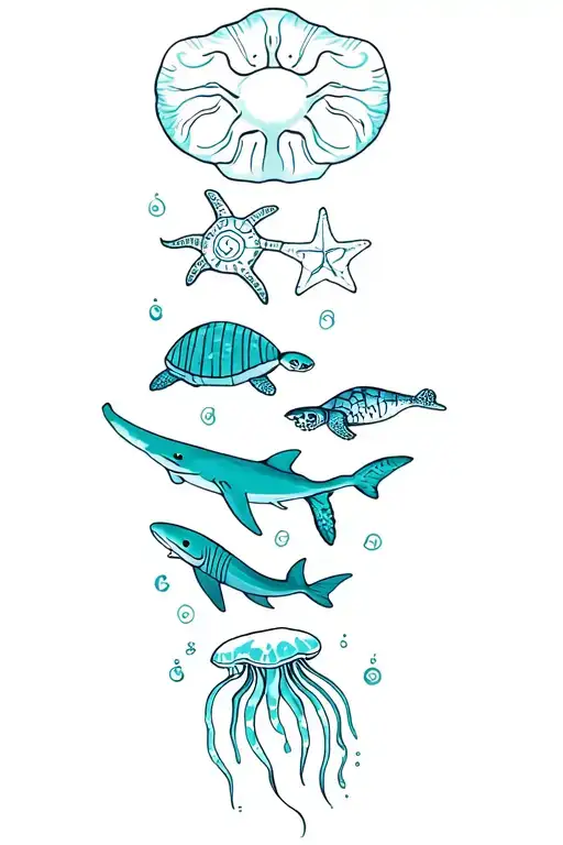 spine tat starting with the  sun, conch shell, sand dollar, whale shark, sea turtle, star fish, lastly a jelly fish tattoo design idea