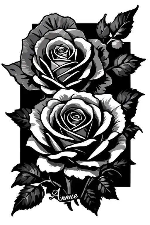 roses aqnd corss with name Annie Gresh  tattoo design idea