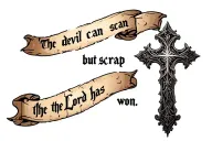cobblestone cross with writing "the devil can scrap but the Lord has won" in old font on a scroll. tattoo design idea