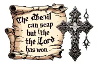 cobblestone cross with writing "the devil can scrap but the Lord has won" in old font on a scroll. tattoo design idea