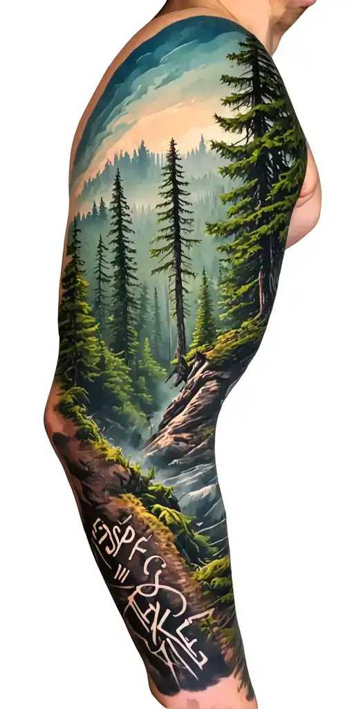 left arm sleeve tattoo starting below shoulder of PNW misty forest tranforming into adhd anxiety words and finally espre tattoo design idea