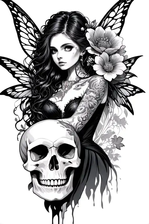 dark fairy holding a skull  with flowers around her tattoo design idea