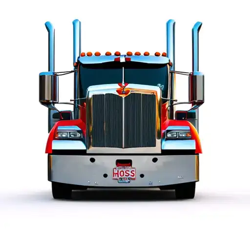 realistic face of a peterbilt tractor trailer with Hoss in the front license plate tattoo design idea