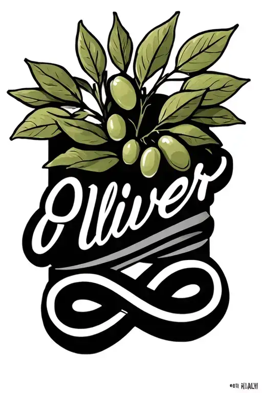 "Oliver" "Oliver" olive branch and infinity symbol with name written tattoo design idea