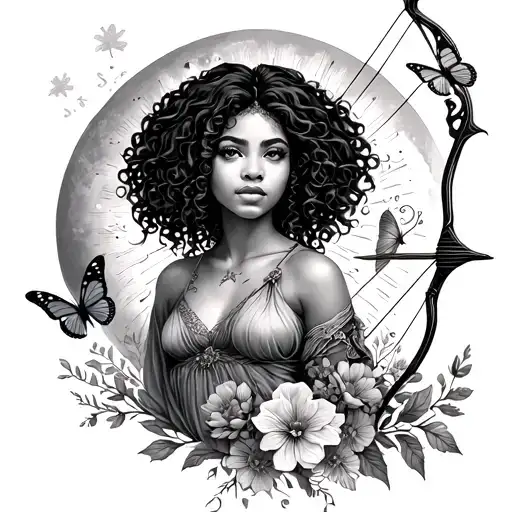 sagittarius sign , black woman with curly hair , butterflies , flowers , sun behind & a moon . i need a bow and arrow  tattoo design idea