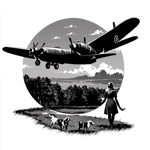 Lancaster bomber flying over trees, with lady walking dog  tattoo design idea