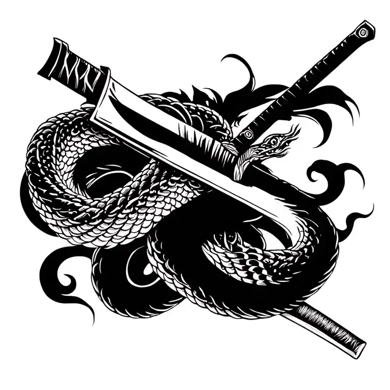 A black and white tattoo in a traditional Japanese style. It features a katana, about 10cm long, with a snake coiled aro tattoo design idea