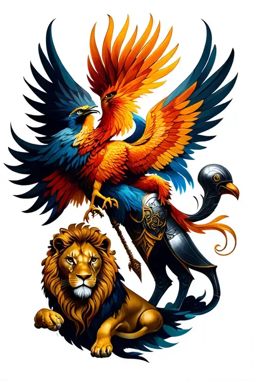 a lion and a phoenix combined with a knight something from the saints tattoo design idea