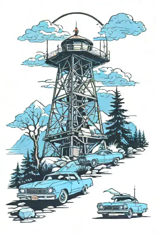 Fire watch tower surrounded by trees and mountains with a baby blue el camino car parked next to the tower. Two people tattoo design idea