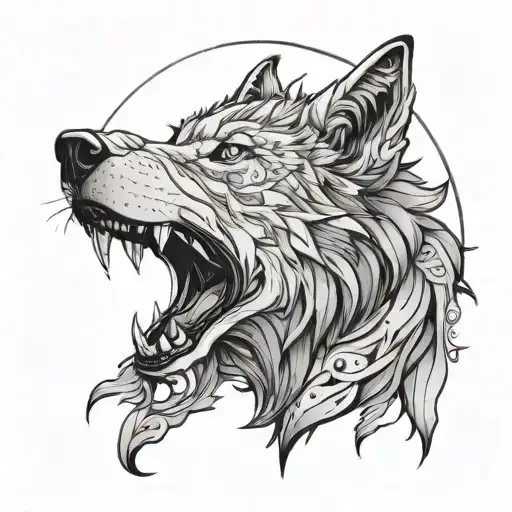 Wolf messy line art Tattoo sun and moon drawingwith Blue Eyes tattoo design idea