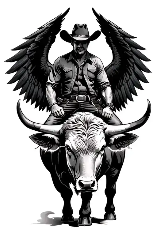 cowboy on bull with black wings tattoo design idea