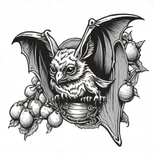small fruit bat stabbing a large pear tattoo design idea