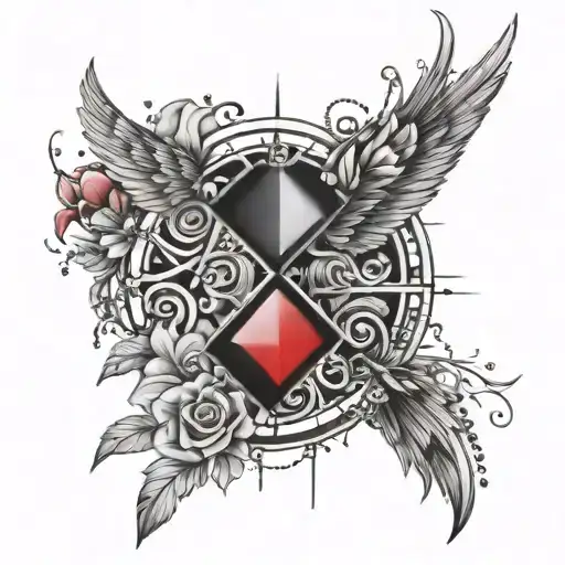 flowers with diamonds rubies and pearls as the centers, dominoes falling, torn wings, kicks snares and flat bass lines tattoo design idea