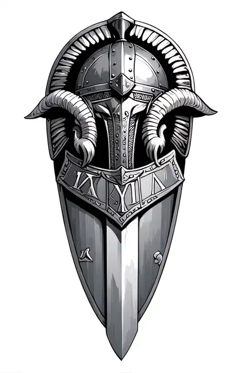gladiator helmet, sword, armour, colloseum, shield with ram on it, Roman numerals 17, tattoo design idea