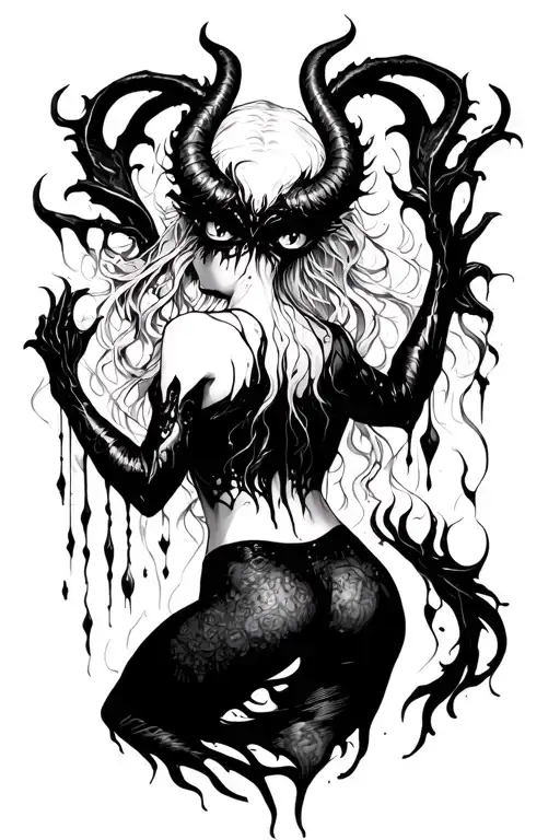 dancing female demon, backview, full black eyes, black tears. tattoo design idea
