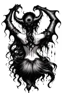 dancing female demon, backview, full black eyes, black tears. tattoo design idea