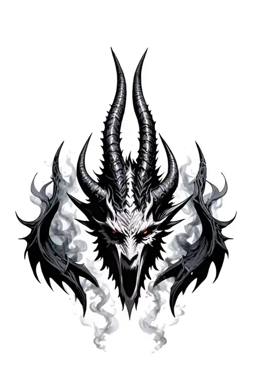 demon with horns bahamut head emerging from smoke tattoo design idea