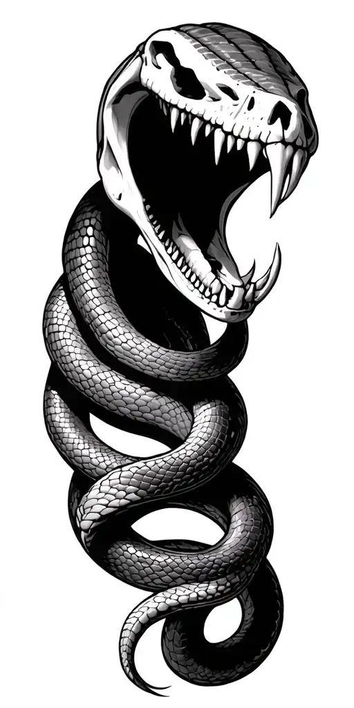 snake skeleton wrapped around arm big fangs tattoo design idea
