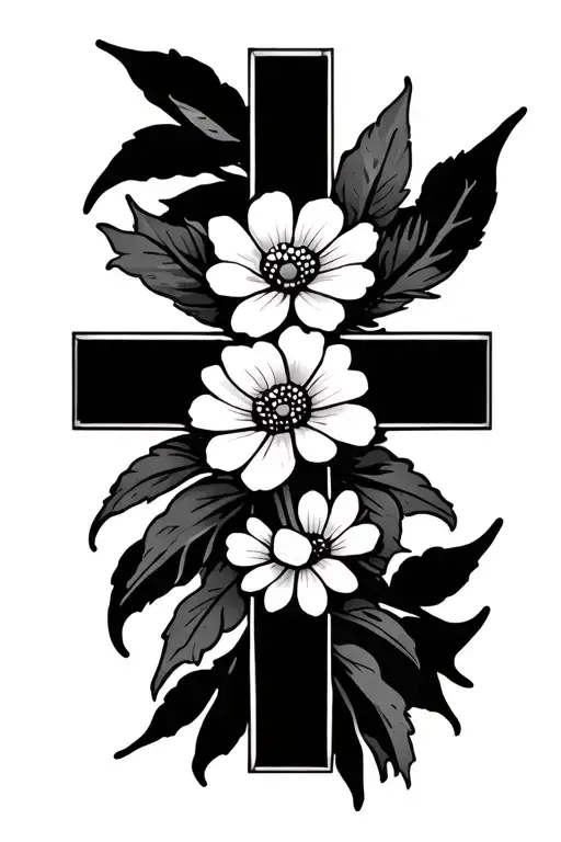 fine line cross tattoo with simple flowers tattoo design idea