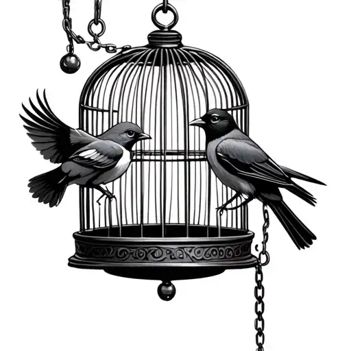 a bird cage , one bird is trying to fly out but stuck by a chain to it's leg, while one othe tattoo design idea