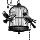 a bird cage , one bird is trying to fly out but stuck by a chain to it's leg, while one othe tattoo design idea