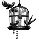 a bird cage , one bird is trying to fly out but stuck by a chain to it's leg, while one othe tattoo design idea