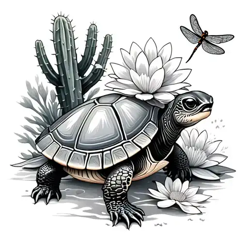 turtle and cactus and flower and dragonfly tattoo design idea