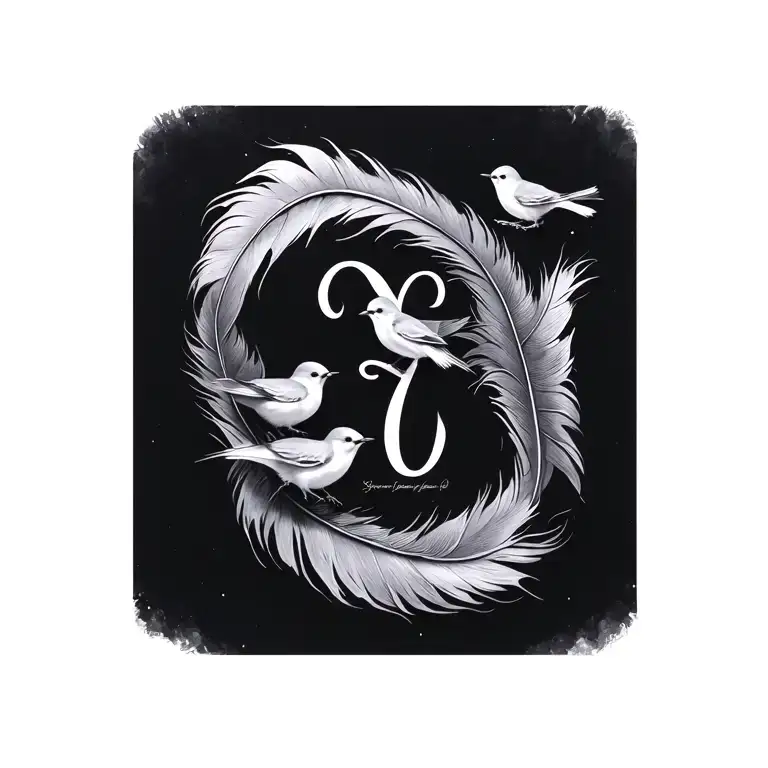 large feather twisted I to infinity symbol surrounded by 4 tiny birds tattoo design idea