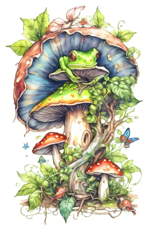 mushrooms, tree frog, cricket, fairy peeking tattoo design idea