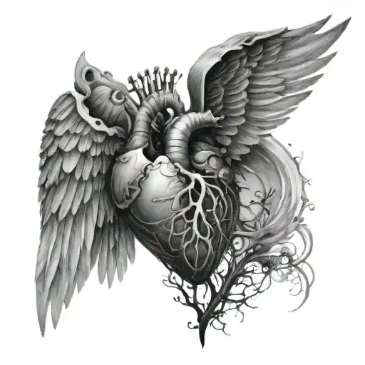 An x-ray of a heart with wings, symbolizing the freedom and strength found after overcoming hardships tattoo design idea