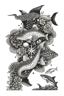 nautical arm sleeve featuring a collage tattoo featuring various water animals with inspirational quotes tattoo design idea