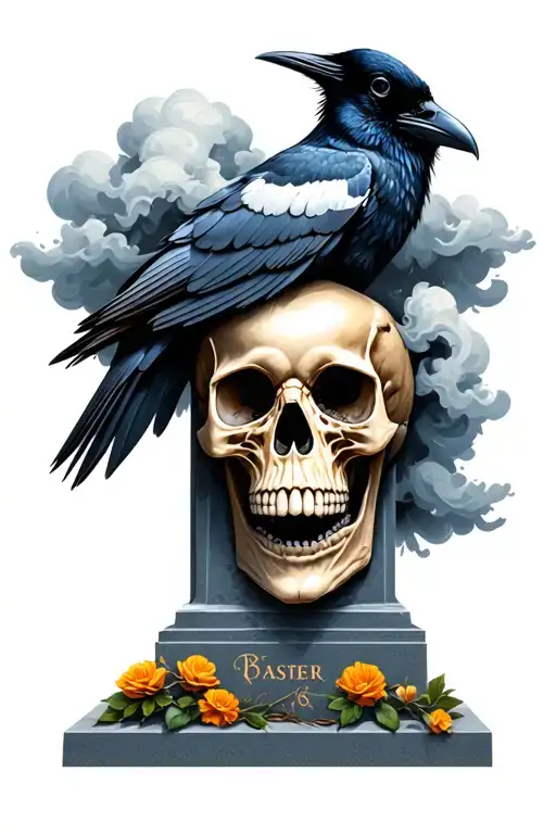 skull cloud crow on headstone  tattoo design idea