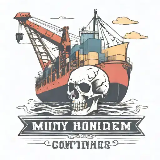 Container Ship with a crane behind and a skull and anchor and text Mutiny below tattoo design idea