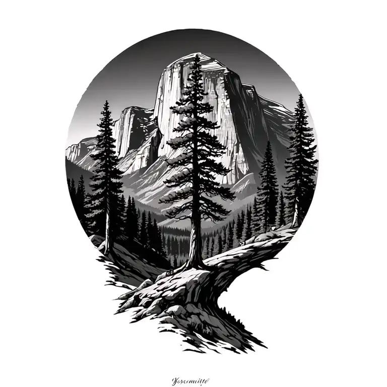 Yosemite half dome with single large redwood tree tattoo design idea