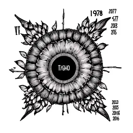 The dates 1977 · 1978 · 2003 · 2005 · 2016Arranged evenly around a circleSingle-needle / fine-line styleBlack ink onl tattoo design idea