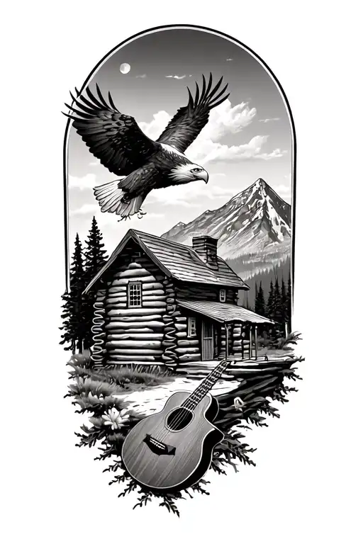 nature scene with log cabin up on a mountain with a bald eagle soaring in the sky with a acoustic guitar tattoo design idea